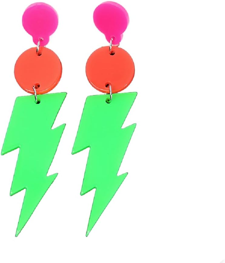 80s Neon Earrings for Women Colorful Lightning Acrylic Drop Earrings Retro Geometric Thunder Flash Lightning Drop Earrings for 80's Outfit Glow Party Accessories