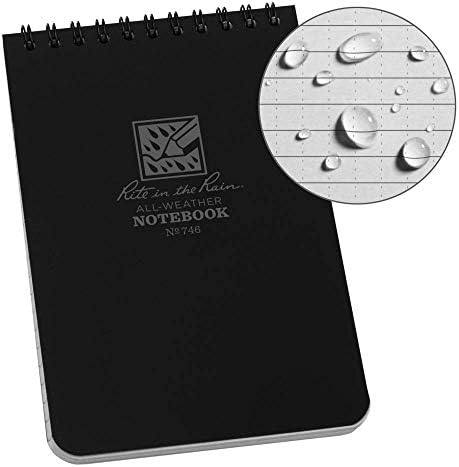 Rite in the Rain Waterproof Paper Pocket Notebook Top Spiral Bound 4 x 6 Inch Cover Black Polydura 19 Gauge 100 Pages 50 Sheets Wire-o Binding Imperial & Metric Rulers Covnersaion table & Map Scale