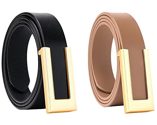 Yooai Womens Leather Belt Skinny Waist Belt For Dresses Jeans Pants With Gold Buckle Black+Khaki 95 #TOP1
