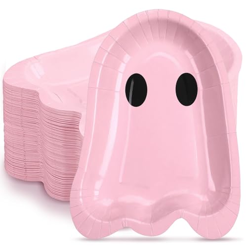100 Pcs 9 Inch Halloween Pink Paper Plates Ghost Shape Disposable...
