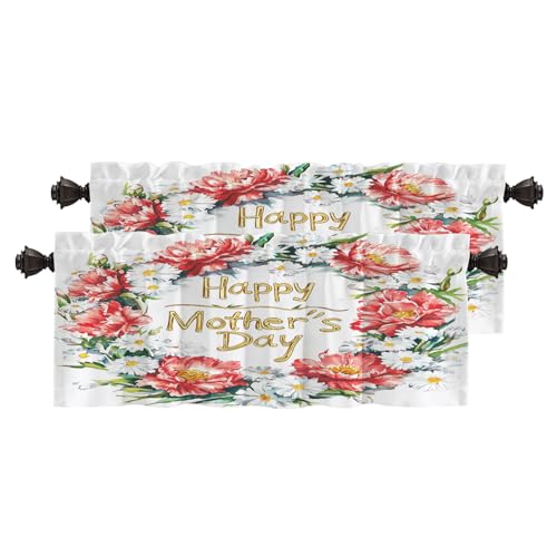 BaoNews Mother's Day Flowers Kitchen Valances for Windows, Mother's Day Floral Greeting Blackout Valances Curtains Multilayer Polyester Drapes for Kitchen Bedroom 2 Pack 52X16 Inches