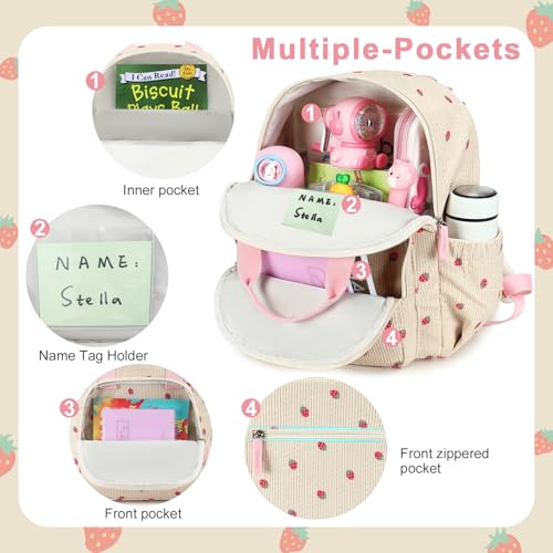 Image of Bluboon Toddler Backpack for Girls Boys 2-4 Cute 12 inch Preschool Kindergarten Backpacks Kids Daycare Bags School Travel (Strawberry-Beige L, Age 4-8 (15 inch H Fit A4 Folder))