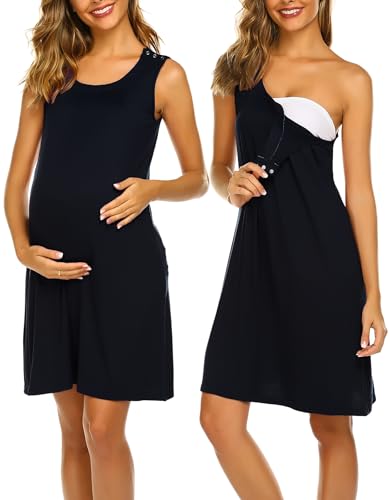 Image of Ekouaer Nursing Nightgown Labor/Delivery/Hospital Gown Sleeveless Maternity Nursing Dresses Breastfeeding with Button