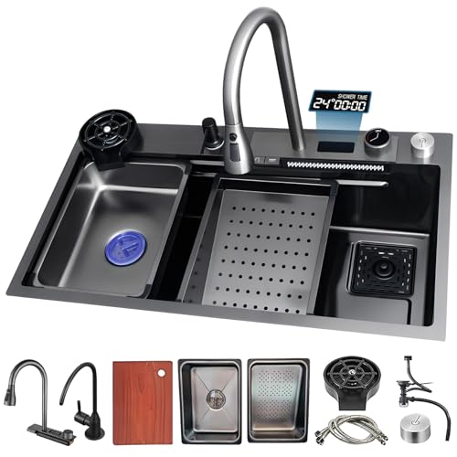 JetXYHub évier de cuisine en acier inoxydable 85 x 50 cm avec affichage de température effet cascade grand évier station de travail simple montage saillant idéal