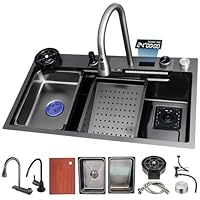 RVS spoelbak met waterval Zwarte keuken spoelbak Waterval kraan Enkele kom spoelbak Inclusief kopjesring en alle accessoires (75x45x22cm