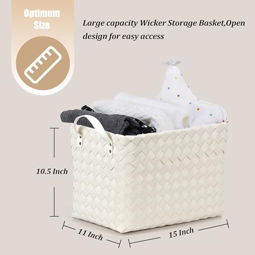 Image of Handwoven Clothes Basket Laundry Hampers Large Wicker Storage Baskets for Shelves Blankets Closet Storage Bins Car Bedroom Bathroom Organizers and Storage Bath (Pack of 4, Ivory)