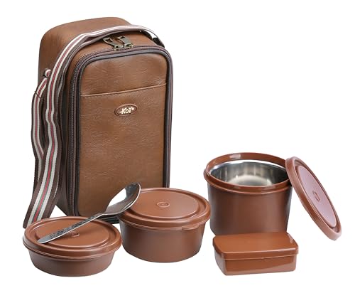 Image of KOI TiffinPro Lunch Box Set with Insulated Bag, 3 Microwave Safe Inner Steel Containers (290ml, 450ml, 600ml), Plastic Pickle Box(180), Spoon | Ideal for School, College, Office| Color-Memphis Brown