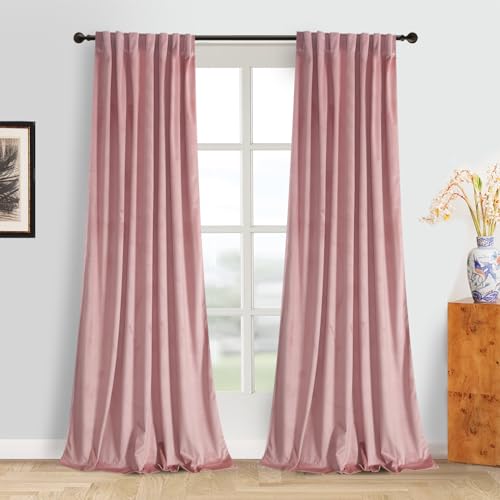 Roslynwood Luxury Soft Dusty Pink Velvet Curtains 84 inches Long Back Tab Thermal Insulated Blackout Window Drapes for Living Room/Bedroom/Dining Room W52 x L84 2 Panels