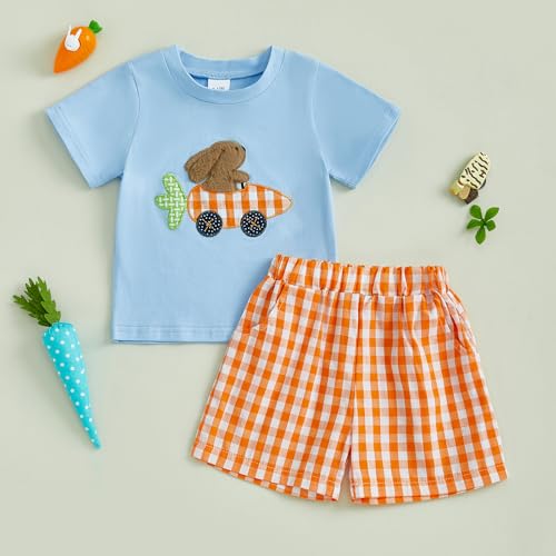 Image of Toddler Baby Boy Easter Rabbit Outfit Short Sleeve Bunny Carrot Smocked T-shirt Elastic Waist Shorts Summer Clothes