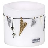 Weißes Hochzeit Windlicht aus Wachs mit schimmernden Herzen und innen liegendem Teelicht Halter. Die perfekte Dekoration.