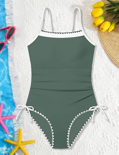 Image of BAVADER Girls Swimsuit One Piece Modest Girls Bathing Suit Solid Square Neck Ruched Adjustable Straps Padded Swimwear 9-16y
