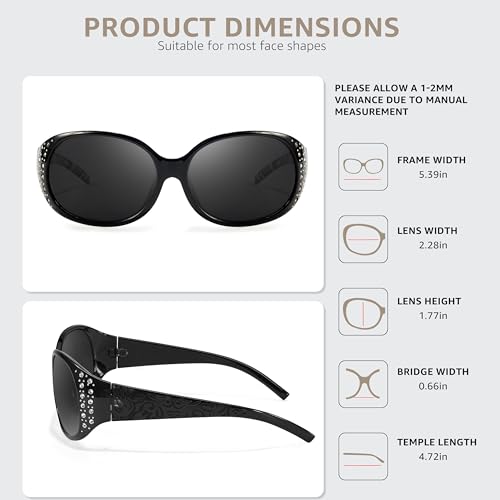 Image of LVIOE Polarized Sunglasses for Women Rhinestone Design Wrap Around Shades | UV400 Protection Fashion Sun Glasses Stylish Elegant Frame, Bonus Cleaning Cloth & Soft Pouch Plus Essential Accessories