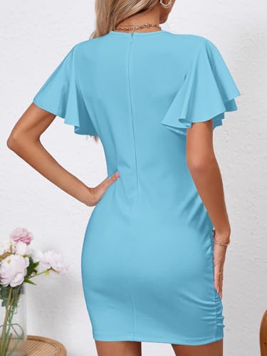 Image of Women's Sexy V Neck Ruffle Sleeve Bodycon Mini Cocktail Party Dress Casual Short Sleeve Work Dress