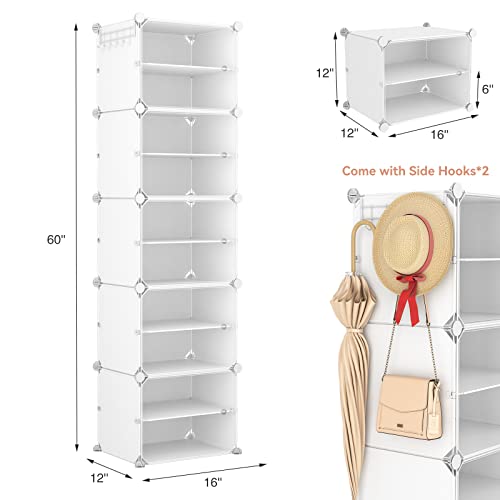 Lanteful 10 Tiers Tall Shoe Rack 20 Pair Shoe Organizer Narrow Shoe Rack With Door Portable Shoe Storage Cabinet With Hooks Sturdy Plastic White Shoe Rack For Entryway And Bedroom #TOP2