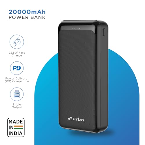 Image of URBN Power Bank 20000mAh Fast Charging | 22.5W Super Fast Power Delivery (PD) Portable Charger | Triple Output | USB Type C Input & Output | Pass Through Charging | (Black)