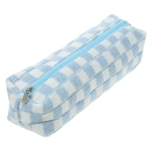 IWOWHERO Pincéis de maquilhagem de placa de xadrez bolsa de mão portátil para adolescentes estojo de papelaria adorável fecho de correr de fio de poliéster, Céu azul, Estojo de lápis