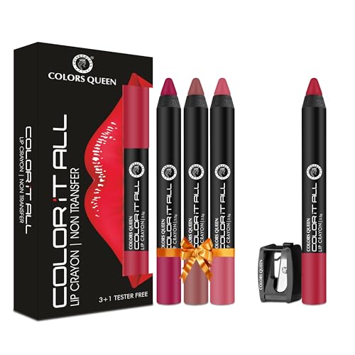Image of Colors Queen Color It All Long Lasting Pack of 3 & Get 1 Free Crayon Lipsticks for Women | Up to 18 Hours Stay | Creamy Matte Finish | Smudge Proof(Night Out, Nude It, Keep It Fun & Third Date,3.5g)