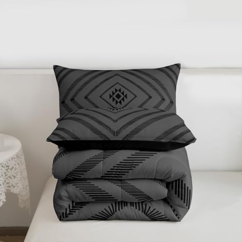 Image of Feelyou Aztec Comforter Set Twin Size Boho Bedding Set for Kids Boys Girls Black Moroccan Style Duvet Quilt Classic Diamond Pattern Bedroom Decor Microfiber 2 Pcs with 1 Pillow Cases