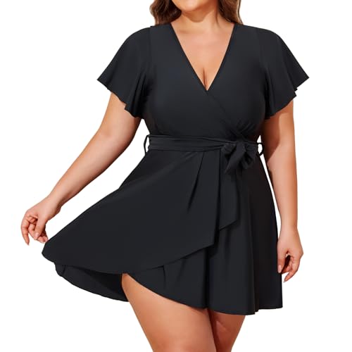Smismivo Swim Dress Plus Size Swimsuit for Women One Piece Tummy Control Bathing Suit Modest Full Coverage Curvy Swimwear