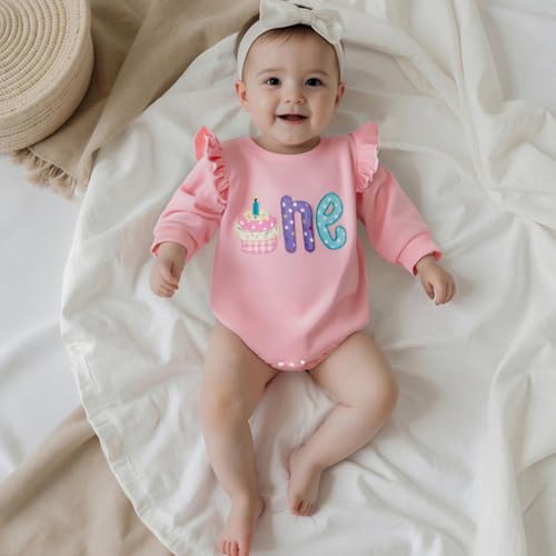 Newborn Baby Girl 1st Birthday Outfit Letter Cupcake Print Bubble Romper Long Sleeve Bodysuit Fall Winter Clothes2
