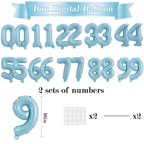 Image of TONIFUL 2 Set Light Blue Number Balloons 16 Inch 0-9 Mylar Foil Balloons 20 Pcs Small Custom Digital Ballons for Boys Birthday Baby Boy Shower Graduation Anniversary Ocean Party Decorations