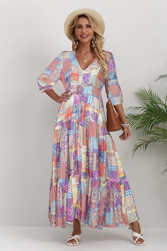 Image of Women Short Sleeve V Neck Floral Print Casual Bohemian Maxi Dresses
