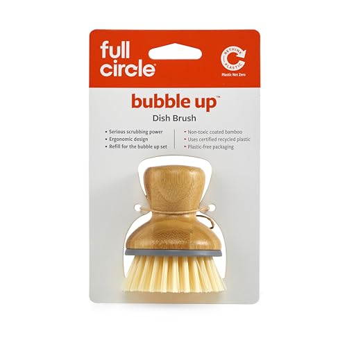 Image of Full Circle Bubble Up - Bamboo Dish Brush - Ergonomic Palm Scrubber with Handle for Kitchen Cleaning, Gray, Pack of 1