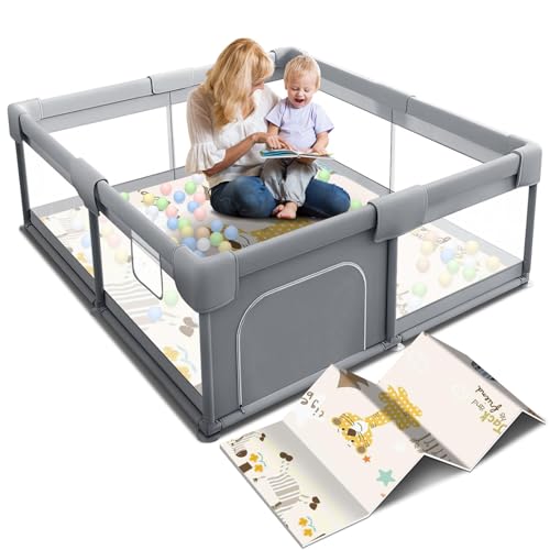 Image of Hiaksedt Baby Playpen with Mat, Small Playpen for Babies and Toddlers, 50 x 50 inch Baby Fence Playards, Play Yard for Infants with Play Mat, Playard with Gate