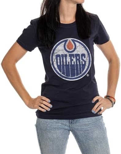 Calhoun NHL Surf & Skate Women's Distressed Print Fitted Crew Neck Premium T-Shirt (Edmonton Oilers, XX-Large)