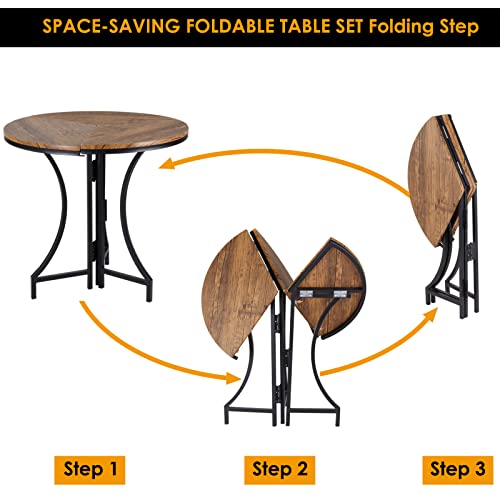 DlandHome Table Pliable de Bar bistrot + 2 tabourets Ensemble pour Bar 1 Table + 2 Chaises Style Industriel Table à Manger pour Cuisine/Salle à Manger/Salon Couleur Noyer avec Cadre en Acier Noir - Image 4