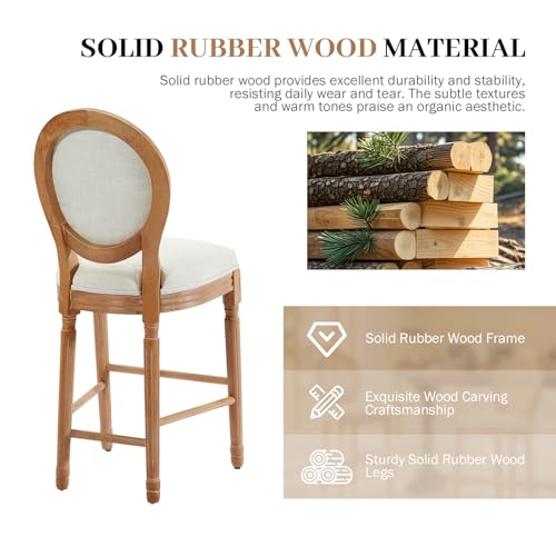 Image of Virabit Counter Height Bar Stools Set of 2, French Country Bar Stool with Solid Wood Frame and Upholstered Seating, Vintage Bar Chair