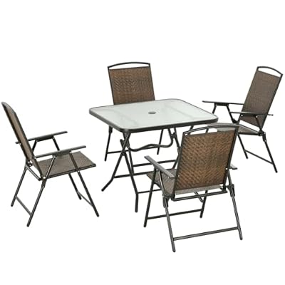 Hassyee 5 Pieces Wicker Patio Dining Set with Foldable Outdoor Table and Chairs for Poolside, Balcony, Classic Outdoor Patio Furniture Set with Umbrella Hole for Lawn, Backyard