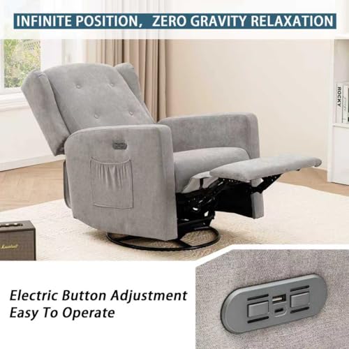Image of Ketaiyou Power Swivel Rocking Recliner Chair, Electric Rocker Nursery Glider Chair, USB and Type-C Ports, Upholstered Fabric Reclining Single Sofa Chair for Living Room (Grey)