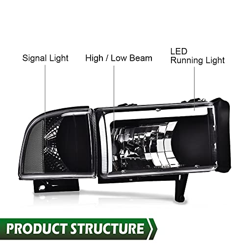 Image of GRAND ORANGE Led Drl Headlights Assembly, Compatible with Dodge Ram 1500 2500 3500 1994 1995 1996 1997 1998 1999 2000 2001 2002 Clear lens Black Housing Clear Reflector