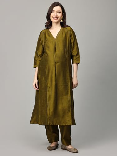 Image of The Mom Store Maternity Nursing and Feeding Kurta Set | Nursing Zippers | Pre and Post Pregnancy | Raw Silk | Kurta Pant Set | Solid |