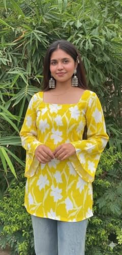 Image of MAHIRA'S Comfort Women's Short Kurti, Rayon Tunic Top with 3 /4 Embroidered Designer Sleeves | Soft Breathable Fabric | Office & Casual Kurti for Jeans, Leggings & Trousers