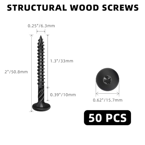 #14 x 2" Tornillos para madera, tornillos para terrazas resistentes para exteriores, tornillos de cubierta con cabeza de estrella, recubrimiento epóxico negro resistente a la oxidación para cercas y maderas, con punta estrella T30, 50 piezas miniatura 2