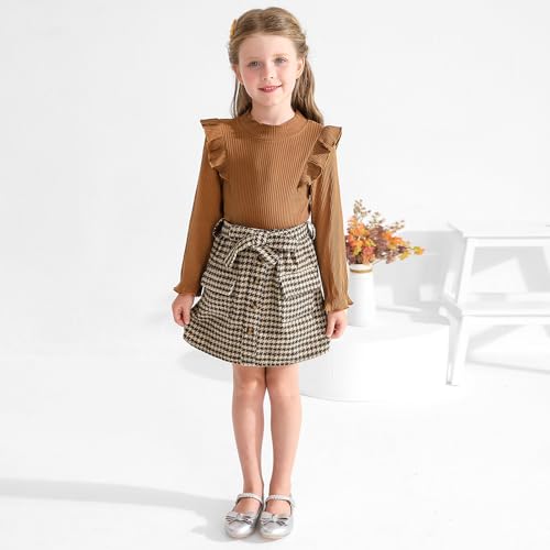 Image of Weixinbuy Toddler Girl Fall Winter Clothes Solid Long Sleeve Ribbed T-Shirt Knit Tops Plaid Button Mini Skirts Set Outfits