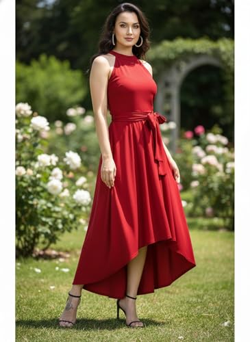 Image of Women Fit & Flare High Low Midi Dress | Sleeveless Round Neck One Piece Dress with Waist Tie Detail | Flowy Western Dress for Party and Casual Styling