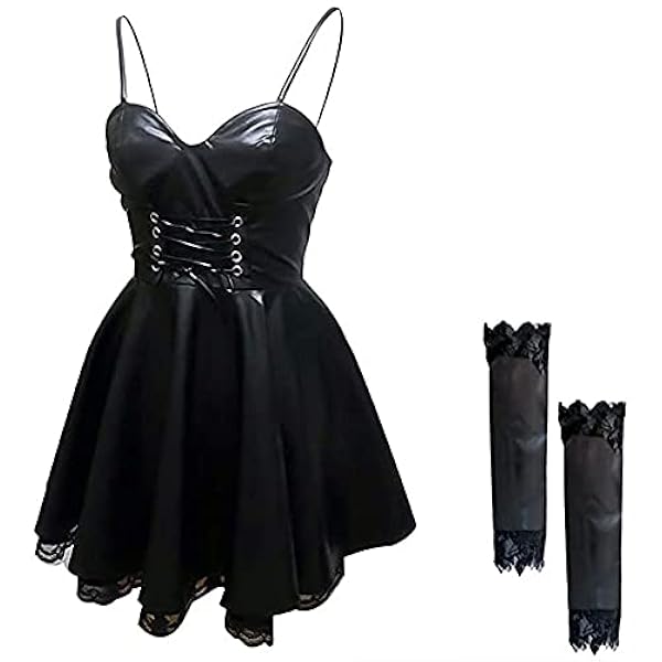 Jaycheen Amane Misa Anime Death Note Amane Cosplay jurk volledige set voor vrouwen, anime-cosplay kostuum, zwarte jurk, kunstleer, sexy tube, tops, maskeradejurken