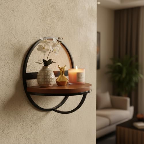 Image of Modern Round Floating Wall Shelf - 13 Inch Black Iron & Wood Decorative Wall Mount Display Rack for Home Decor