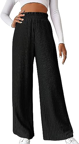 chouyatou Women's Ribbed Knit Wide Leg Pants High Wasit Flowy Palazzo Sweater Pants Lounge Trousers3
