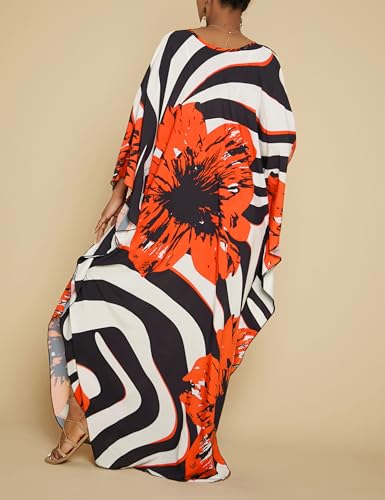 Bsubseach Women Floral Print Kaftan Dresses Plus Size Swimsuit Cover Up 2025 Summer Bathing Suit Caftan Loungewear Beach Dress Orange Flowers - Thumbnail 5