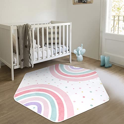 STARUIA Rosa Regenbogen-Teppich für Spielzimmer, 140x119 cm, waschbar, sechseckig, Kinderteppich...