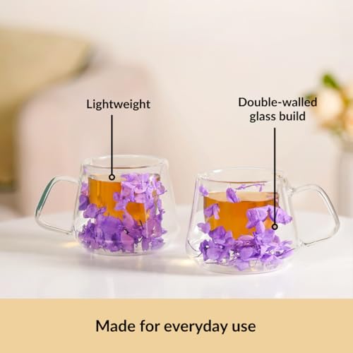 Image of Nestasia Double Wall Glass Mug with Dried Flowers Set of 2 (180ml Each) - Transparent Borosilicate Floral Glass Tea Cups | Lightweight & Durable Coffee Mugs - Perfect for Gifting (Purple)