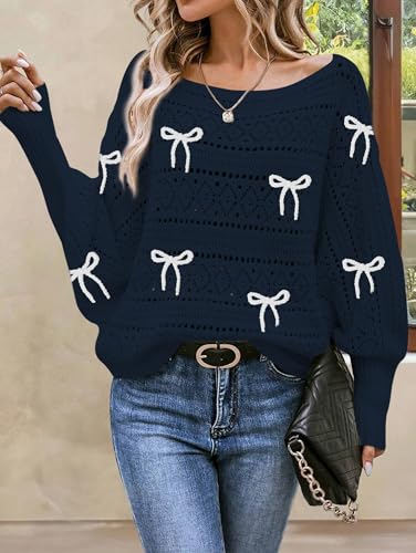 Image of Cakulo Womens Off Shoulder Sweater Top Fall Outfits Fashion 2025 Oversized Knit Batwing Long Sleeve Crochet Pullover Sweaters