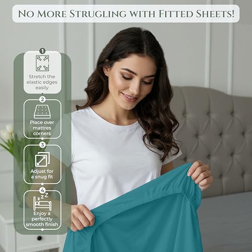 Image of Royale Linens 100% Organic Cotton Full Fitted Sheet Only - Percale Weave - Super Soft Deep Pocket Bottom Sheets - Teal Elastic Sheet - Full Size Fitted Sheets Only - (54 inchx75 inch+15 inch, Teal)