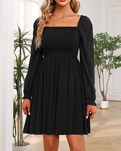 Image of Holipick Women's Casual Square Neck Smocked Dress Shirred Ruffle Puff Sleeve High Waist Cute Flowy A-Line Short Dress
