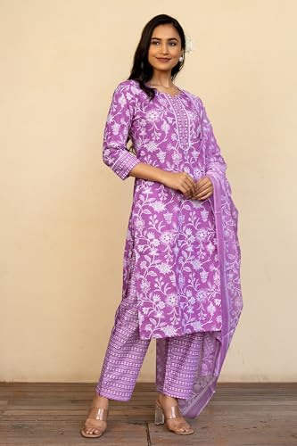 Image of MIRCHI FASHION Pure Cotton Floral Kurta Set for Women with Dupatta & Pant | 3 Piece Straight Fit Ethnic Outfit | Breathable Summer Salwar Suit