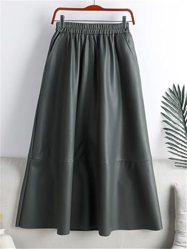 Women's Winter Faux PU Leather Midi Skirt Patchwork High Waist Elegant A-Line Umbrella Skirt with Pockets4